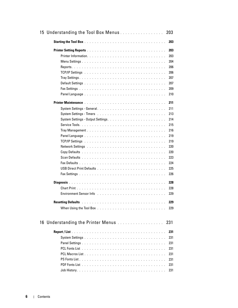 15 understanding the tool box menus 203, 16 understanding the printer menus 231, 15 understanding the tool box menus | 16 understanding the printer menus | Dell C3765dnf Color Laser Printer User Manual | Page 8 / 578
