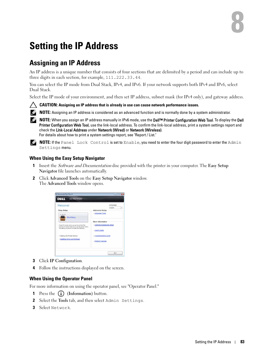 Setting the ip address, Assigning an ip address, When using the easy setup navigator | When using the operator panel, 8 setting the ip address | Dell C3765dnf Color Laser Printer User Manual | Page 85 / 578