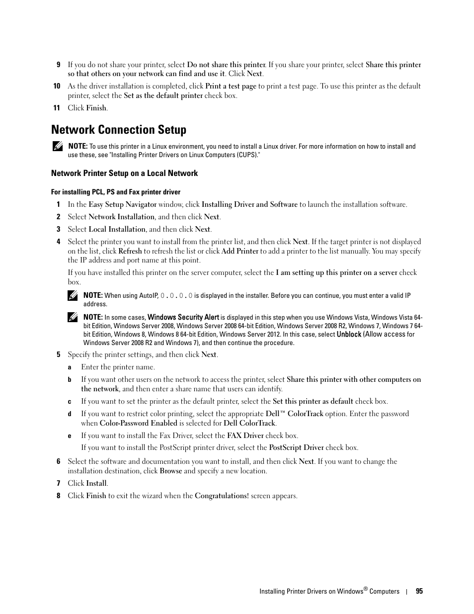 Network connection setup, Network printer setup on a local network | Dell C3765dnf Color Laser Printer User Manual | Page 97 / 578