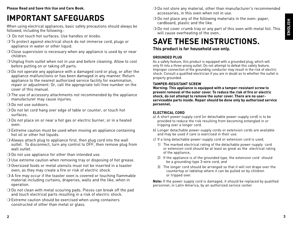 Important safeguards, Save these instructions | Black & Decker TRO964 User Manual | Page 2 / 13