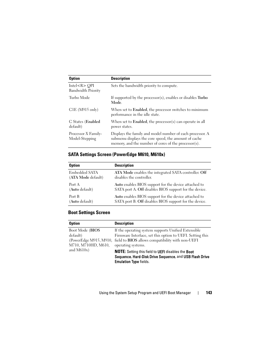 Sata settings screen (poweredge m610, m610x), Boot settings screen, Sata settings screen (poweredge | M610, m610x) | Dell PowerEdge M710HD User Manual | Page 143 / 368
