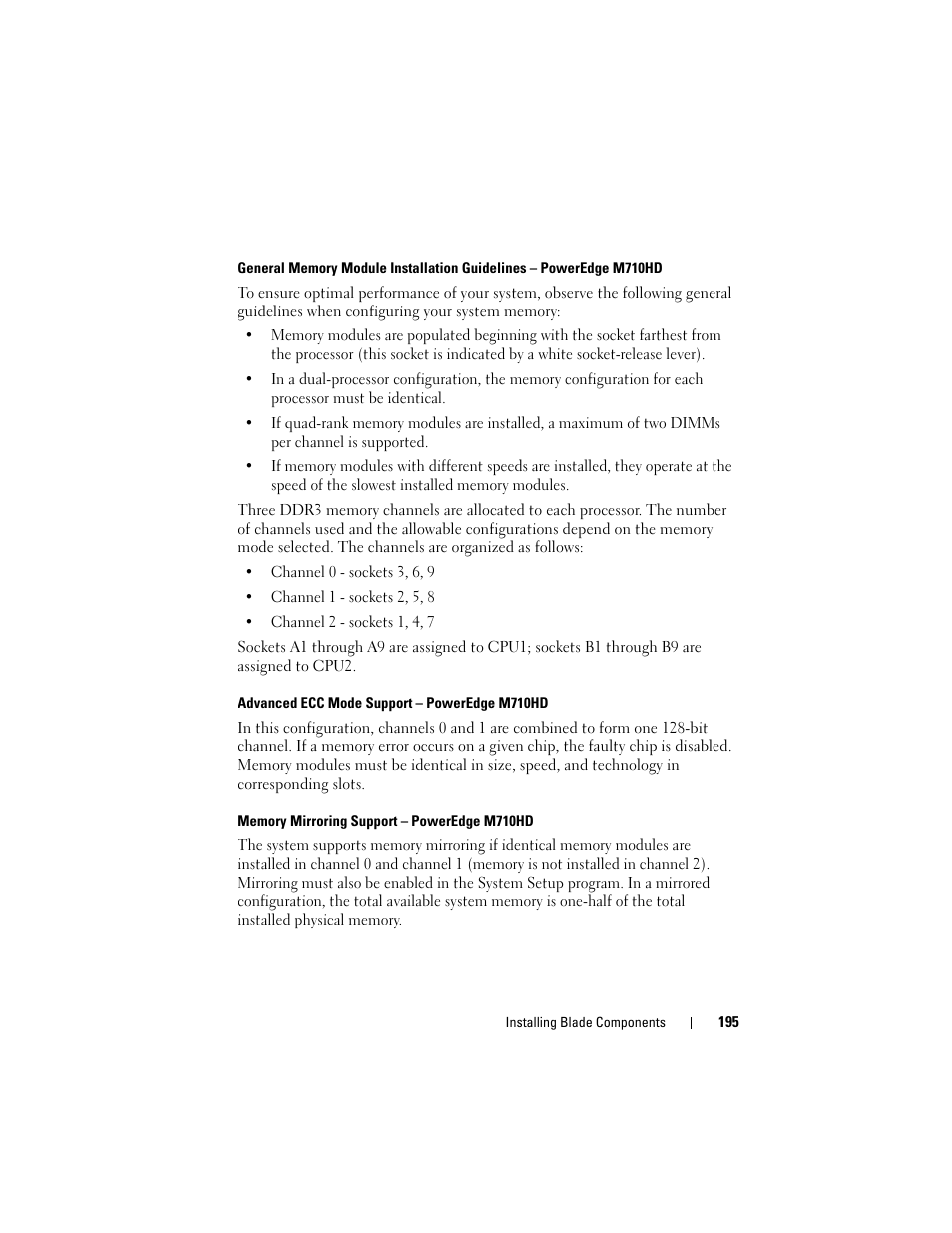 Advanced ecc mode support - poweredge m710hd, Memory mirroring support - poweredge m710hd | Dell PowerEdge M710HD User Manual | Page 195 / 368