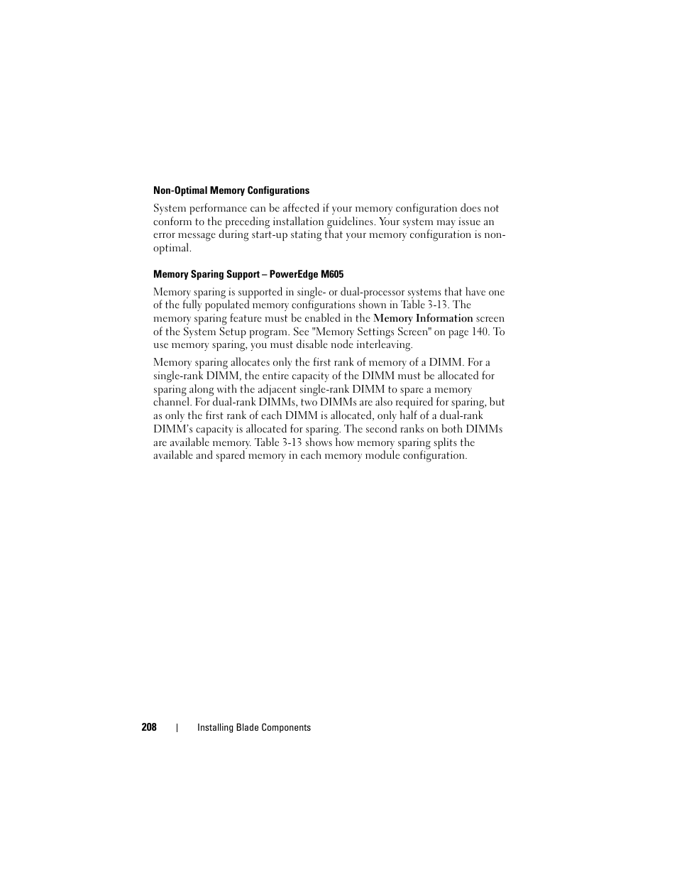 Non-optimal memory configurations, Memory sparing support - poweredge m605 | Dell PowerEdge M710HD User Manual | Page 208 / 368