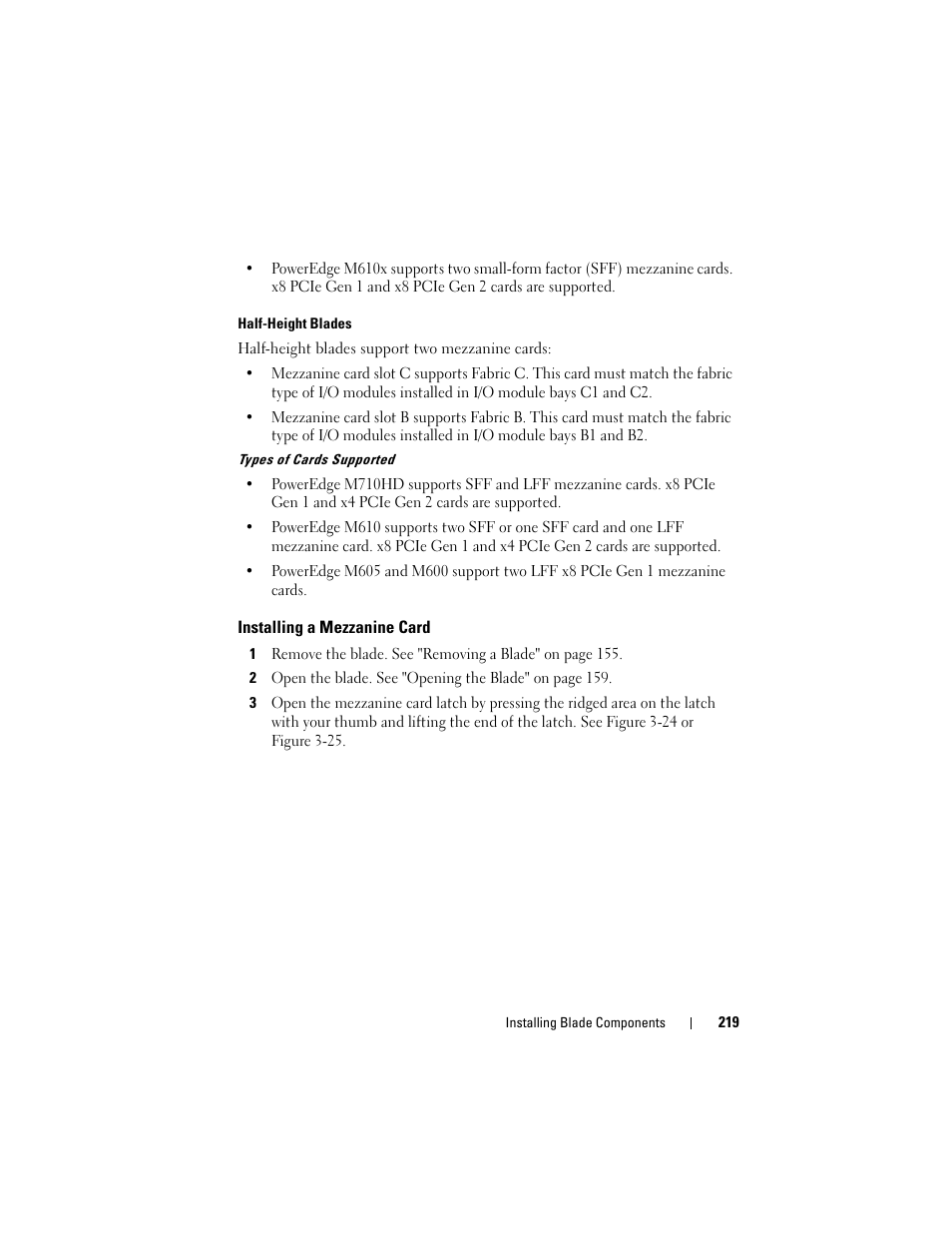 Half-height blades, Installing a mezzanine card | Dell PowerEdge M710HD User Manual | Page 219 / 368