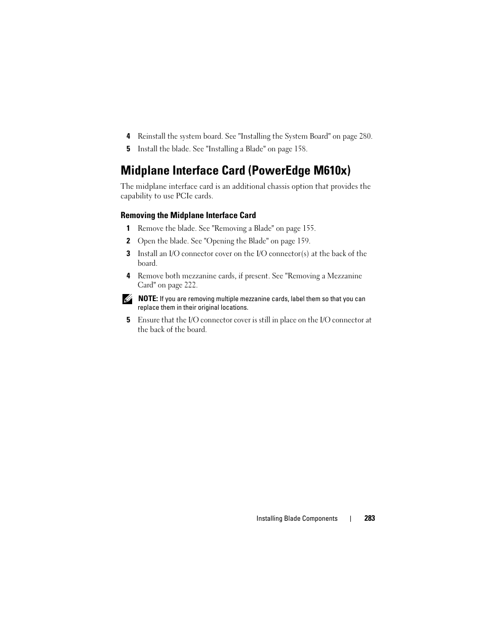 Midplane interface card (poweredge m610x), Removing the midplane interface card | Dell PowerEdge M710HD User Manual | Page 283 / 368