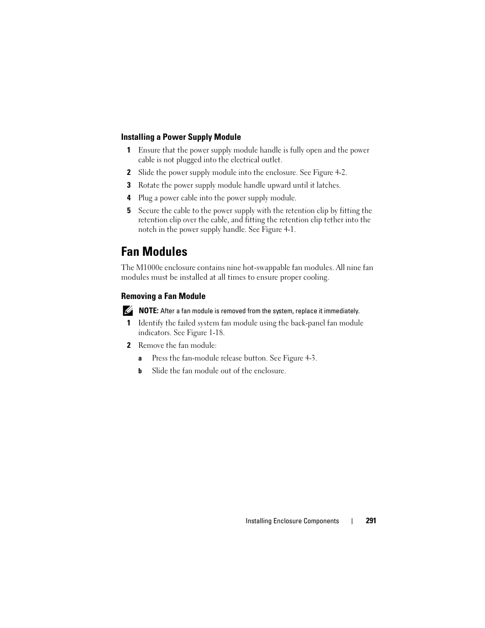 Installing a power supply module, Fan modules, Removing a fan module | Dell PowerEdge M710HD User Manual | Page 291 / 368