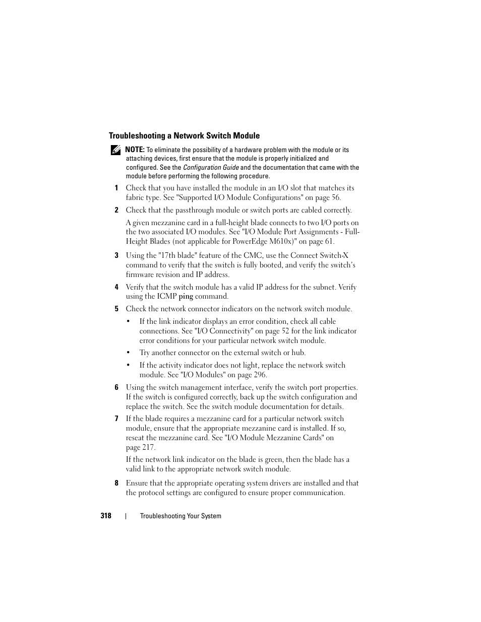Troubleshooting a network switch module, Troubleshooting a network, Switch module | Dell PowerEdge M710HD User Manual | Page 318 / 368