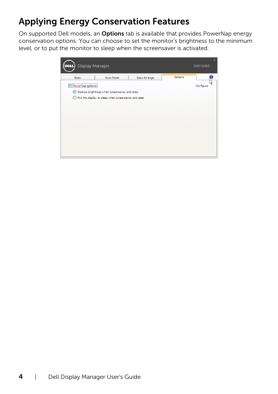 Applying energy conservation features | Dell U2415 Monitor User Manual | Page 4 / 4