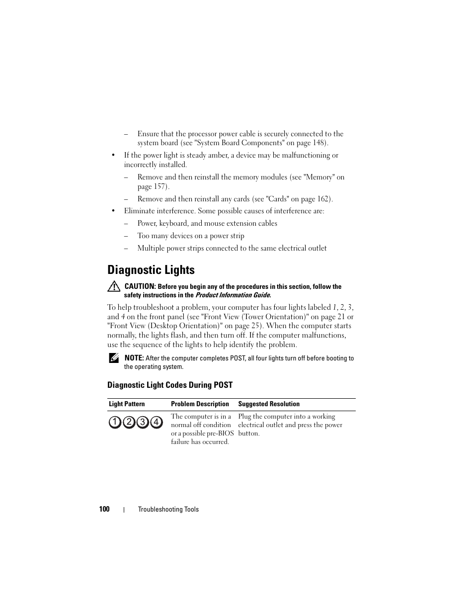Diagnostic lights, Diagnostic light codes during post | Dell Precision T3400 (Late 2007) User Manual | Page 100 / 290