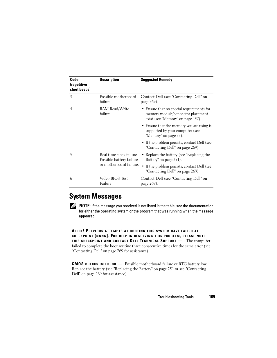 System messages | Dell Precision T3400 (Late 2007) User Manual | Page 105 / 290