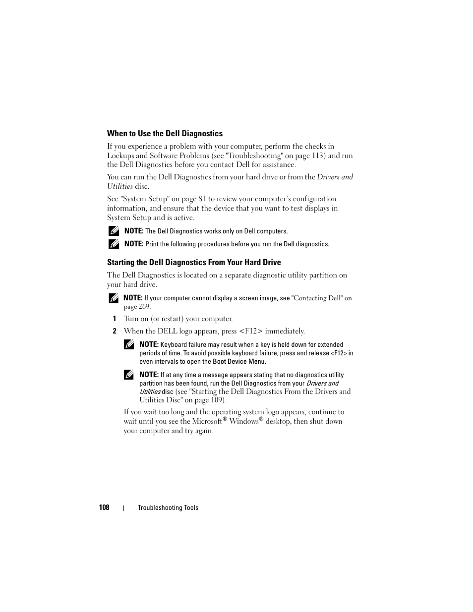 When to use the dell diagnostics, Starting the dell diagnostics from your hard drive | Dell Precision T3400 (Late 2007) User Manual | Page 108 / 290