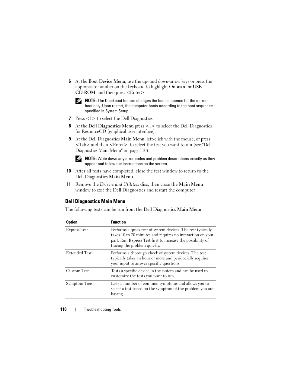 Dell diagnostics main menu | Dell Precision T3400 (Late 2007) User Manual | Page 110 / 290