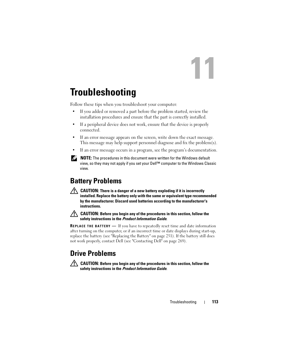 Troubleshooting, Battery problems, Drive problems | Dell Precision T3400 (Late 2007) User Manual | Page 113 / 290