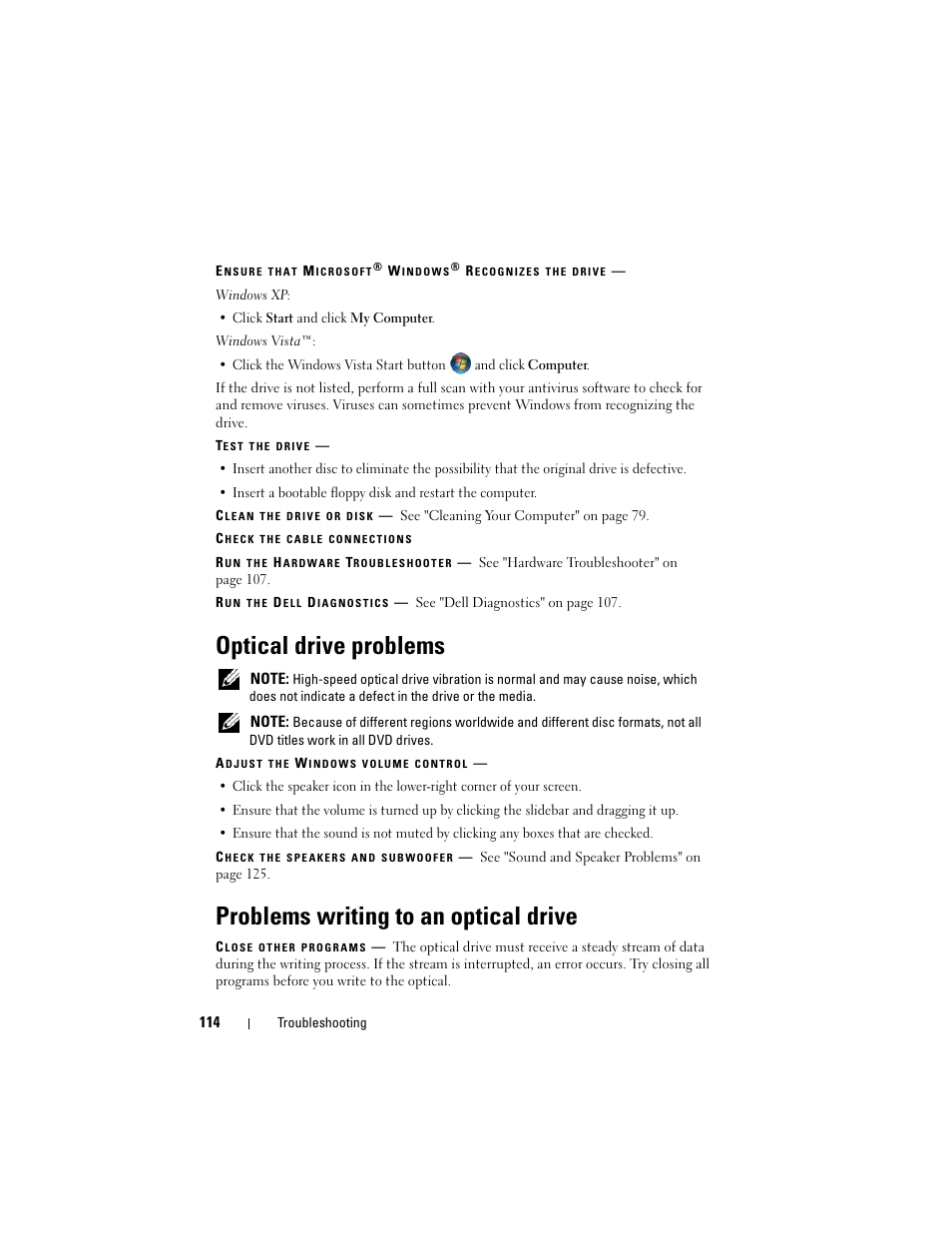 Optical drive problems, Problems writing to an optical drive | Dell Precision T3400 (Late 2007) User Manual | Page 114 / 290