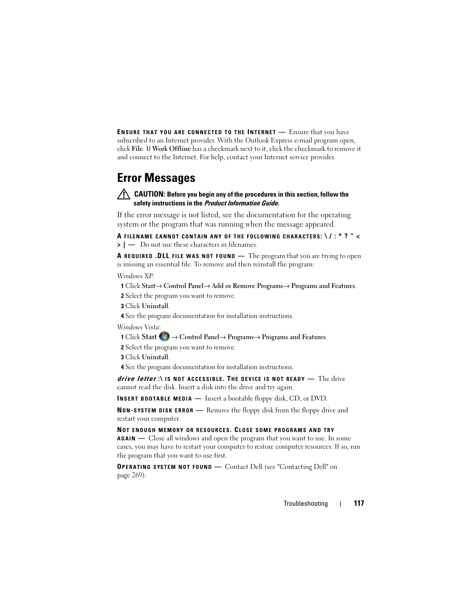 Error messages | Dell Precision T3400 (Late 2007) User Manual | Page 117 / 290