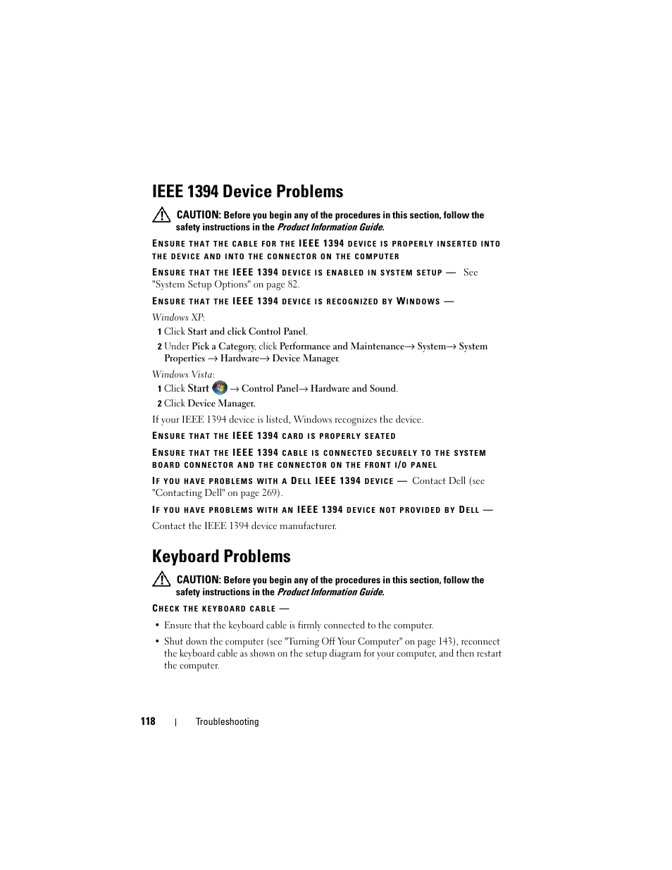 Ieee 1394 device problems, Keyboard problems, Cable loose (see "keyboard | Dell Precision T3400 (Late 2007) User Manual | Page 118 / 290