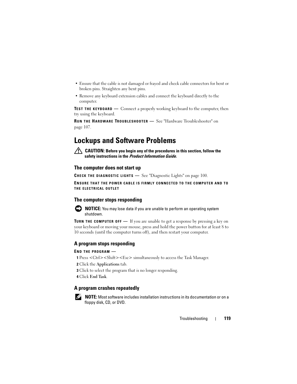 Lockups and software problems, The computer does not start up, The computer stops responding | A program stops responding, A program crashes repeatedly | Dell Precision T3400 (Late 2007) User Manual | Page 119 / 290