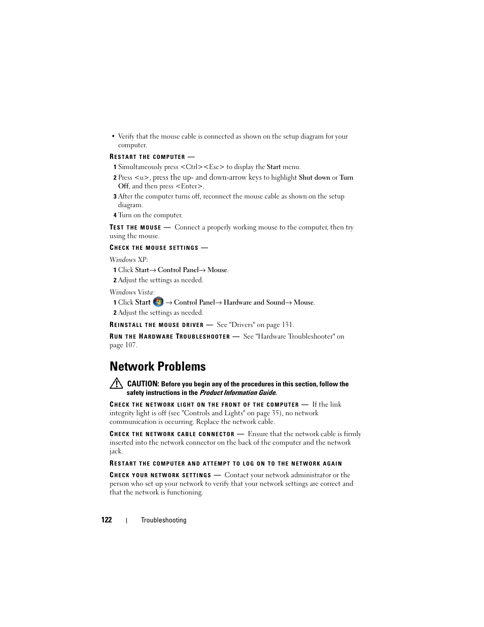 Network problems | Dell Precision T3400 (Late 2007) User Manual | Page 122 / 290