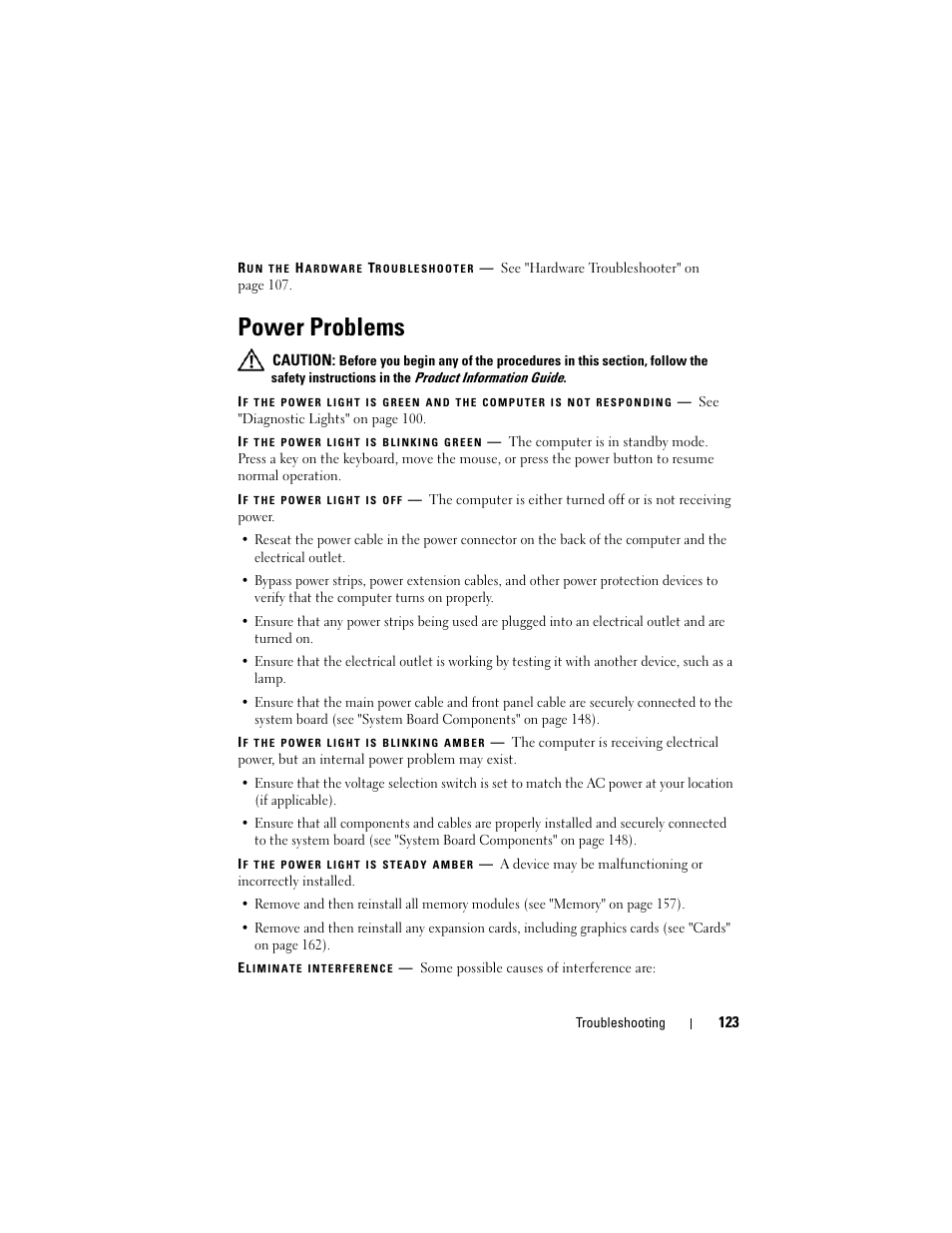 Power problems, Linking or solid amber — see "power problems" on | Dell Precision T3400 (Late 2007) User Manual | Page 123 / 290