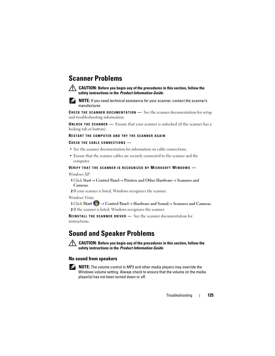 Scanner problems, Sound and speaker problems, No sound from speakers | See "sound and speaker problems" on | Dell Precision T3400 (Late 2007) User Manual | Page 125 / 290