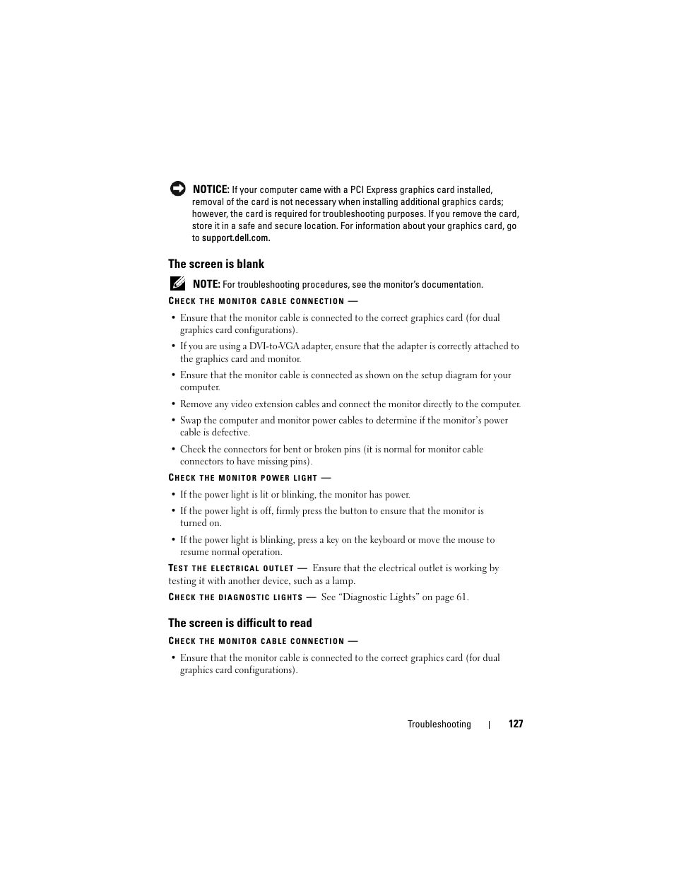 The screen is blank, The screen is difficult to read | Dell Precision T3400 (Late 2007) User Manual | Page 127 / 290