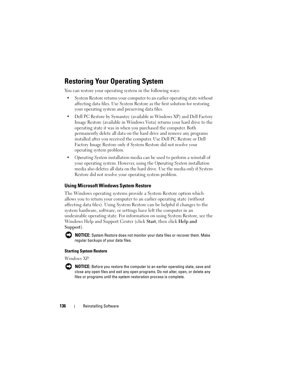 Restoring your operating system, Using microsoft windows system restore, Using microsoft | Es in "restoring | Dell Precision T3400 (Late 2007) User Manual | Page 136 / 290