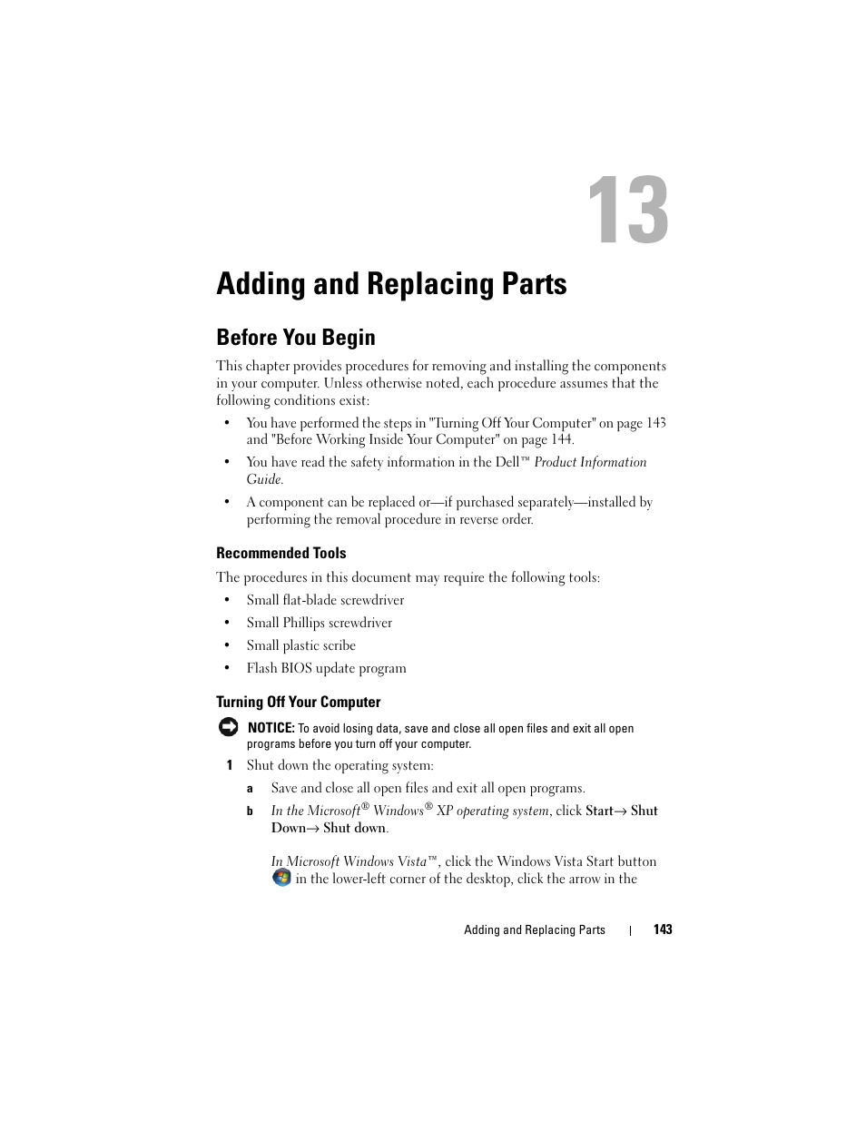 Adding and replacing parts, Before you begin, Recommended tools | Turning off your computer | Dell Precision T3400 (Late 2007) User Manual | Page 143 / 290