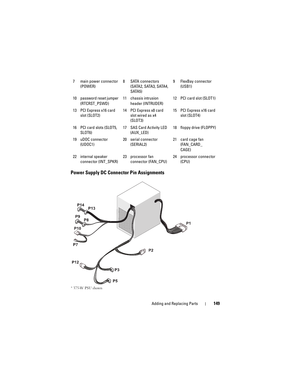 Power supply dc connector pin assignments | Dell Precision T3400 (Late 2007) User Manual | Page 149 / 290