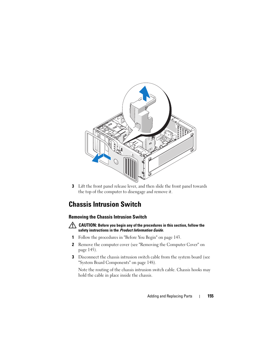 Chassis intrusion switch, Removing the chassis intrusion switch | Dell Precision T3400 (Late 2007) User Manual | Page 155 / 290