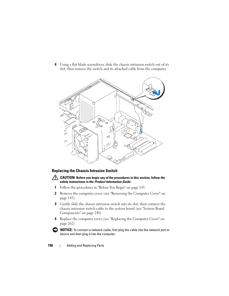 Replacing the chassis intrusion switch | Dell Precision T3400 (Late 2007) User Manual | Page 156 / 290