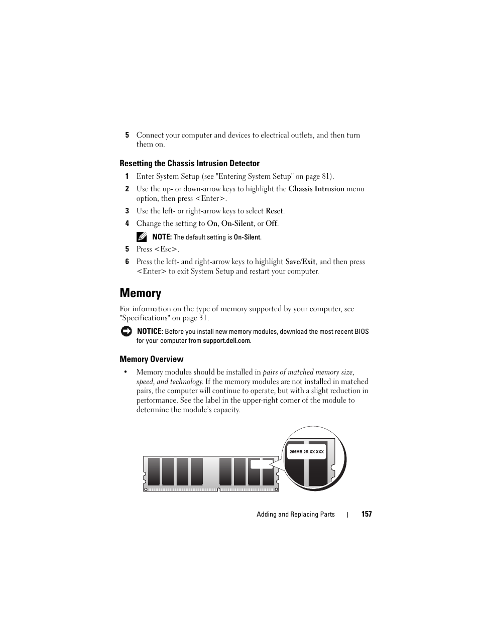 Resetting the chassis intrusion detector, Memory, Memory overview | Dell Precision T3400 (Late 2007) User Manual | Page 157 / 290