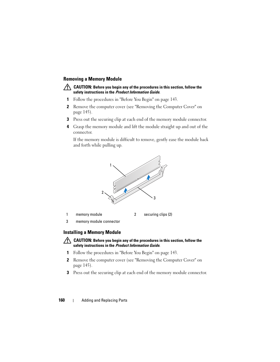 Removing a memory module, Installing a memory module, Installation guidelines (see "installing a | Dell Precision T3400 (Late 2007) User Manual | Page 160 / 290