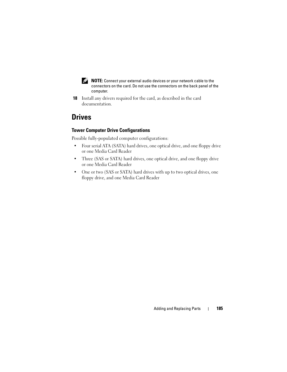 Drives, Tower computer drive configurations | Dell Precision T3400 (Late 2007) User Manual | Page 185 / 290