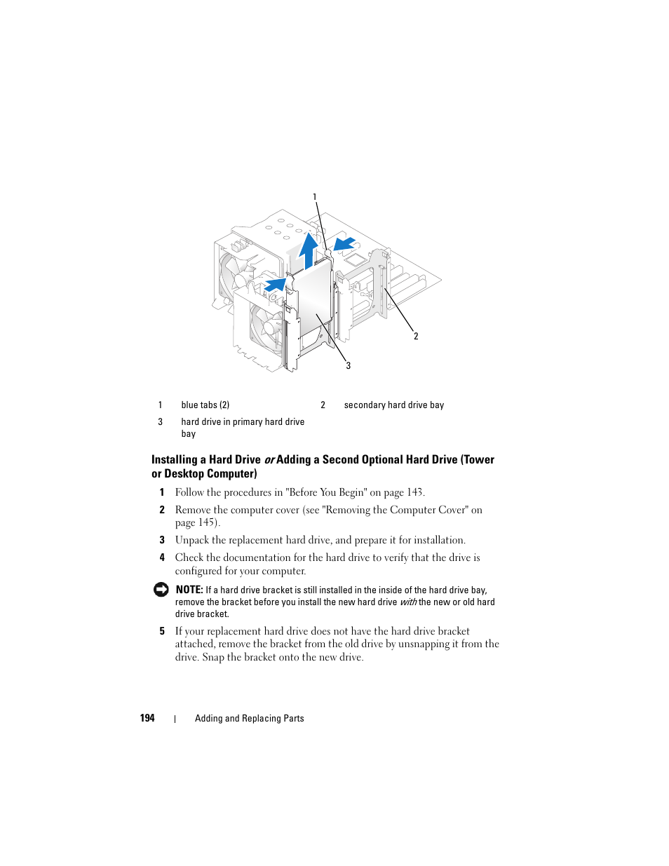 Installing a hard drive | Dell Precision T3400 (Late 2007) User Manual | Page 194 / 290