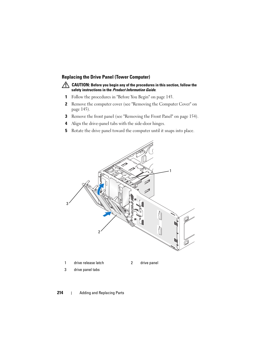 Replacing the drive panel (tower computer) | Dell Precision T3400 (Late 2007) User Manual | Page 214 / 290