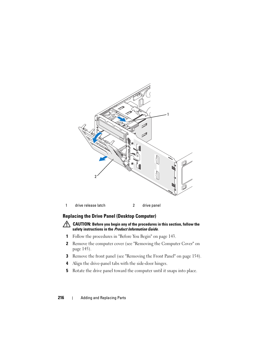 Replacing the drive panel (desktop computer) | Dell Precision T3400 (Late 2007) User Manual | Page 216 / 290