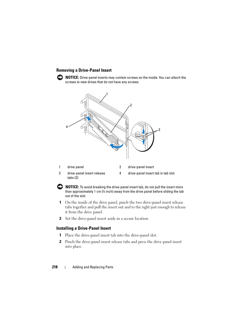 Removing a drive-panel insert, Installing a drive-panel insert | Dell Precision T3400 (Late 2007) User Manual | Page 218 / 290