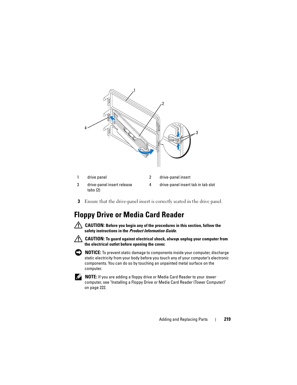 Floppy drive or media card reader | Dell Precision T3400 (Late 2007) User Manual | Page 219 / 290