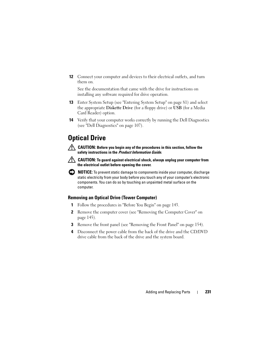 Optical drive, Removing an optical drive (tower computer), Following the steps in "removing an | Dell Precision T3400 (Late 2007) User Manual | Page 231 / 290