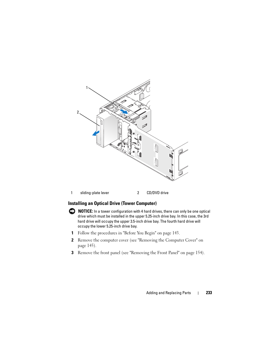 Installing an optical drive (tower computer) | Dell Precision T3400 (Late 2007) User Manual | Page 233 / 290