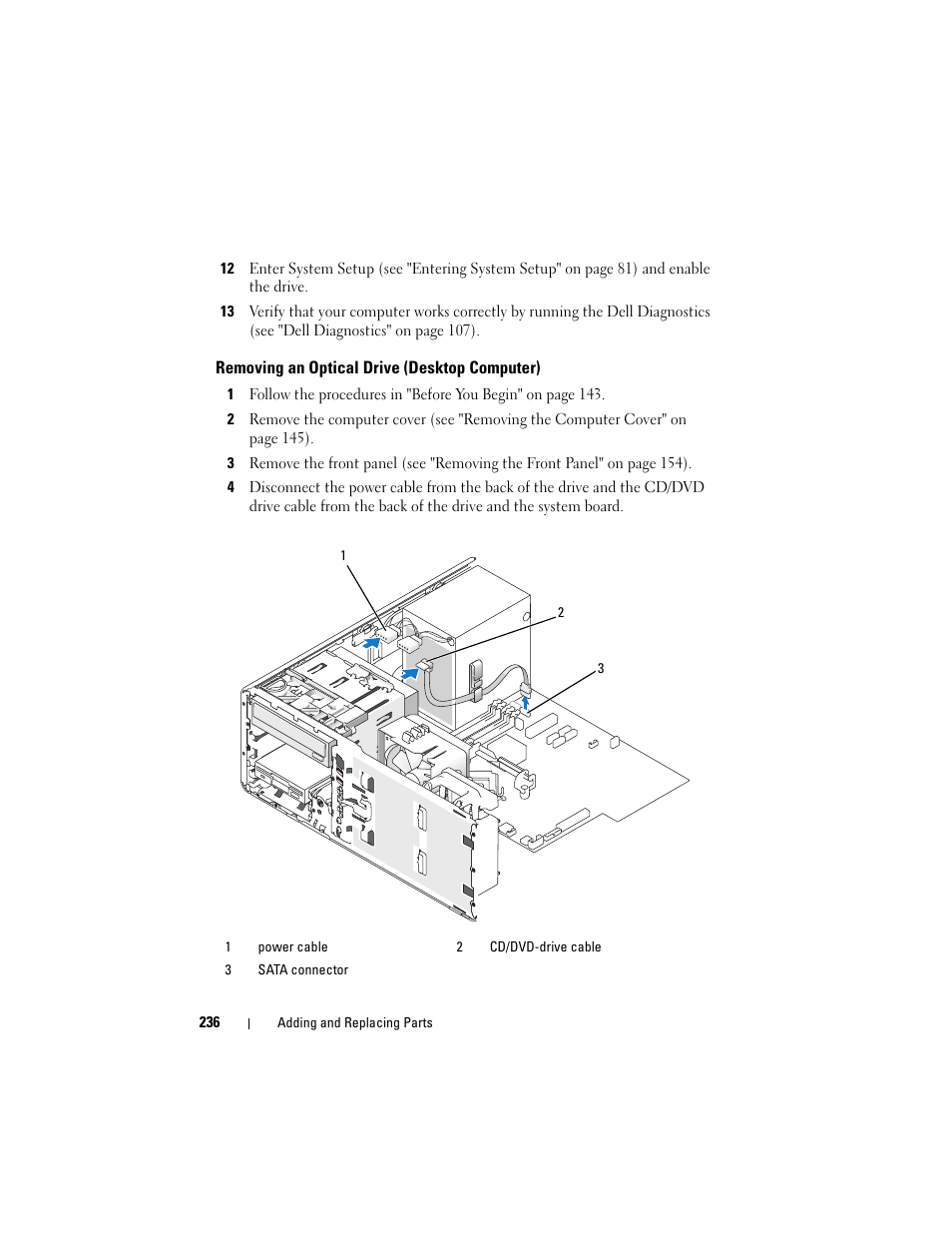 Removing an optical drive (desktop computer), Following the steps in "removing an | Dell Precision T3400 (Late 2007) User Manual | Page 236 / 290