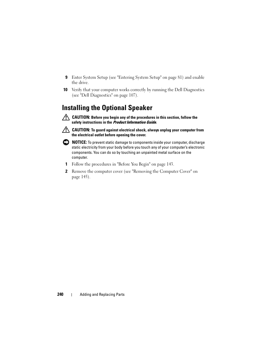 Installing the optional speaker | Dell Precision T3400 (Late 2007) User Manual | Page 240 / 290