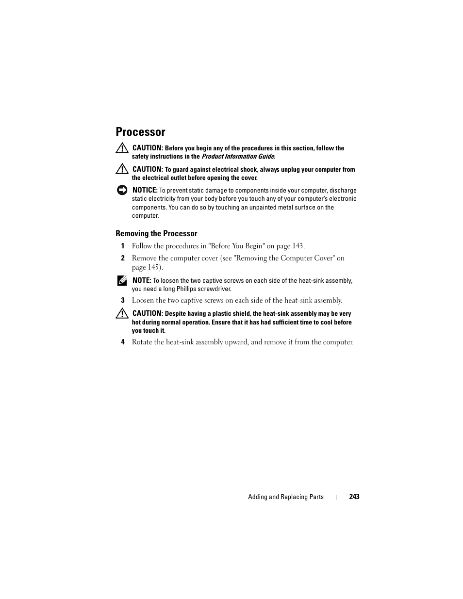 Processor, Removing the processor, Reseat the processor (see "processor | U fan (see "removing the | Dell Precision T3400 (Late 2007) User Manual | Page 243 / 290