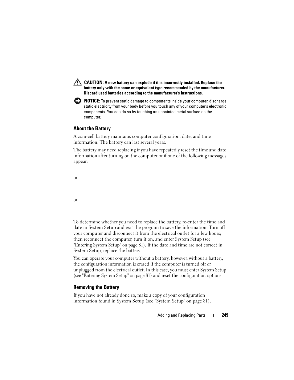 About the battery, Removing the battery | Dell Precision T3400 (Late 2007) User Manual | Page 249 / 290