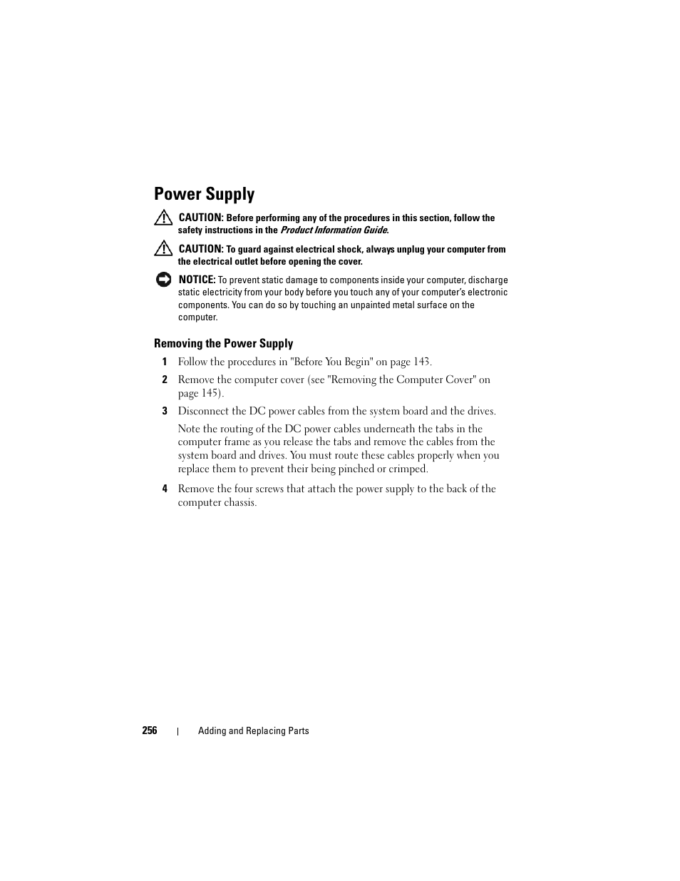 Power supply, Removing the power supply | Dell Precision T3400 (Late 2007) User Manual | Page 256 / 290