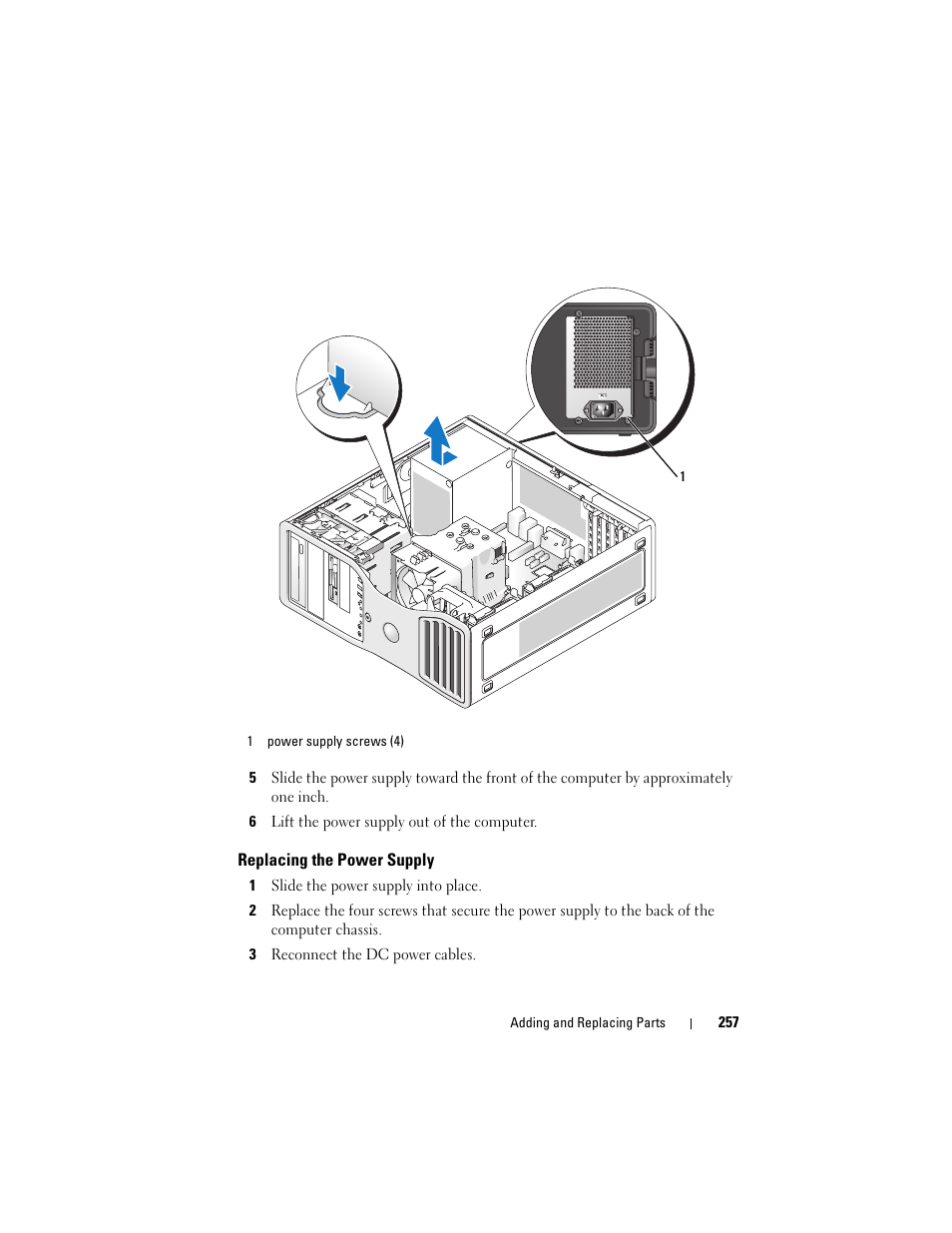 Replacing the power supply | Dell Precision T3400 (Late 2007) User Manual | Page 257 / 290