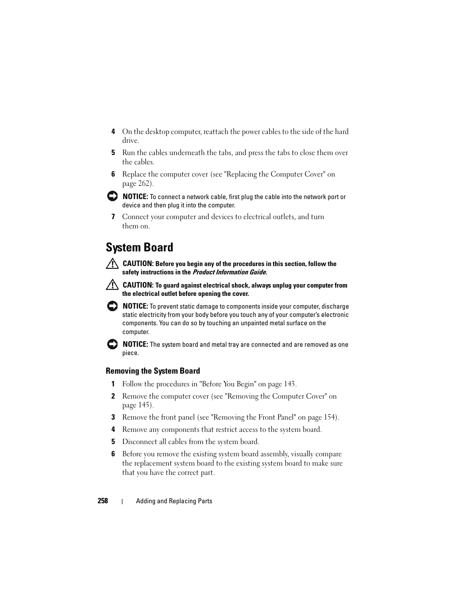 System board, Removing the system board | Dell Precision T3400 (Late 2007) User Manual | Page 258 / 290