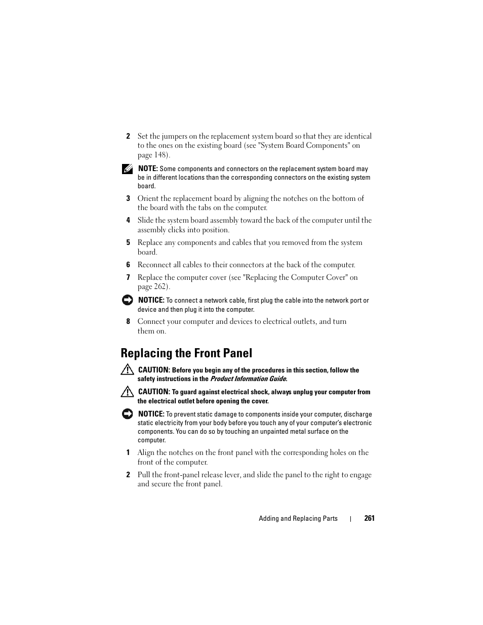 Replacing the front panel | Dell Precision T3400 (Late 2007) User Manual | Page 261 / 290