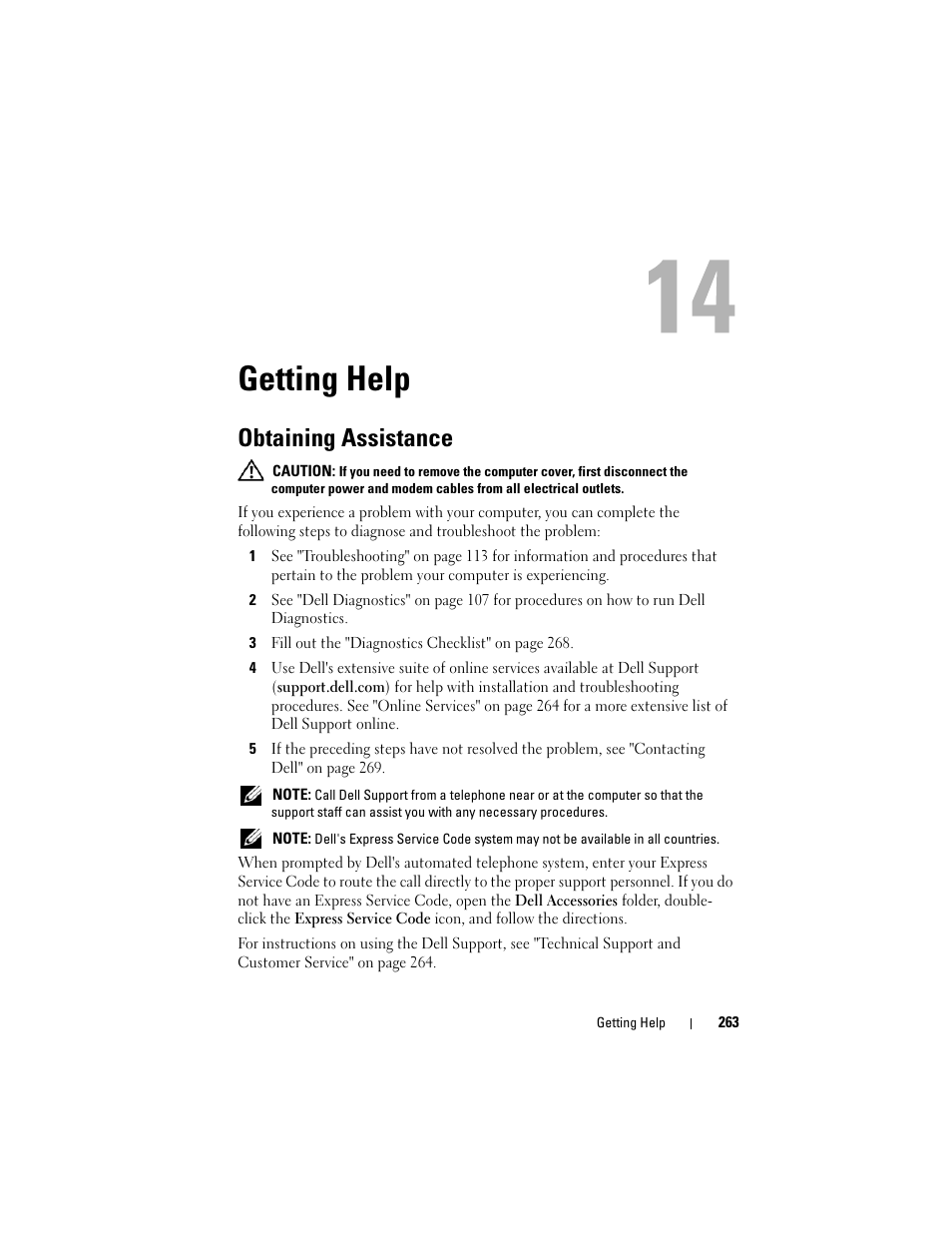 Getting help, Obtaining assistance | Dell Precision T3400 (Late 2007) User Manual | Page 263 / 290