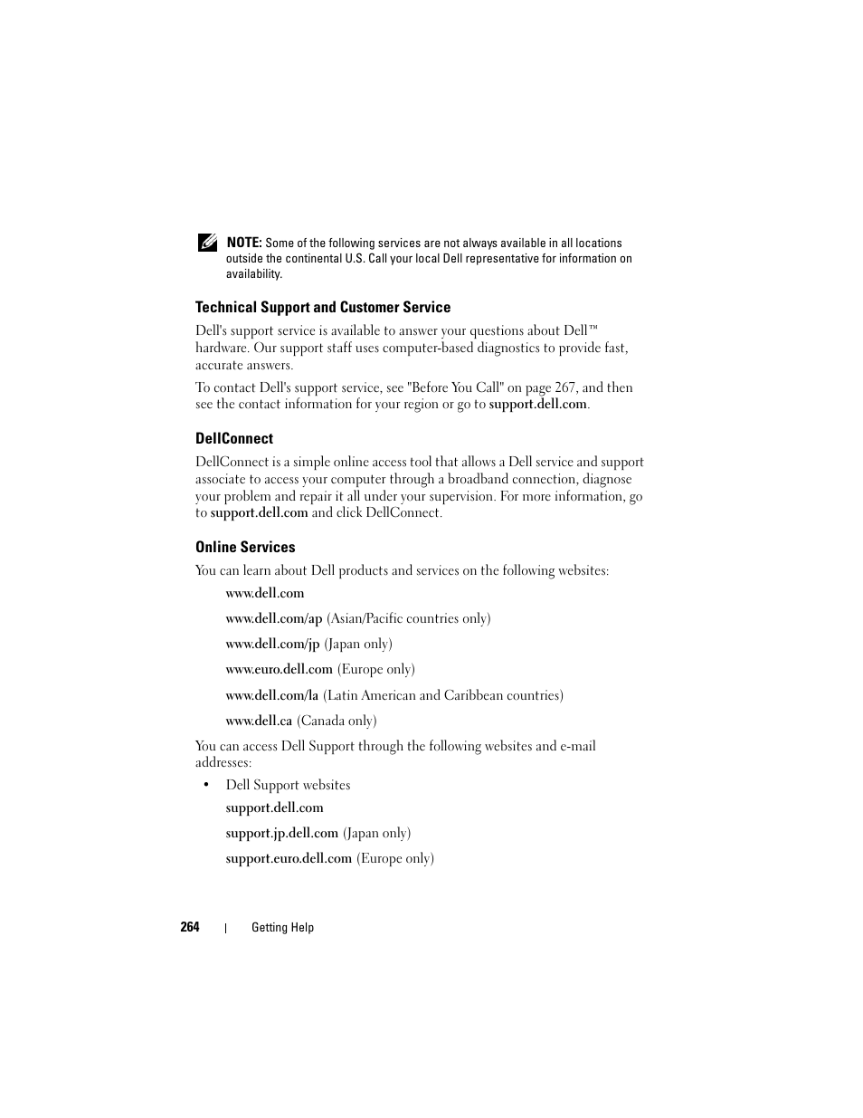 Technical support and customer service, Dellconnect, Online services | Dell Precision T3400 (Late 2007) User Manual | Page 264 / 290